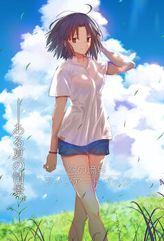 1girl black_hair bracelet breasts brown_eyes collarbone denim denim_shorts grass grasslands highres hill iro_(sekaixiro) jewelry kara_no_kyoukai legs medium_breasts ryougi_shiki short_hair shorts sky tank_top white_tank_top wind