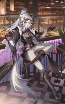 1girl absurdres animal_ears arknights black_boots black_cape black_gloves black_jacket boots cape chinese_commentary collared_shirt commentary_request crossed_legs eyewear_on_head gloves grin hair_between_eyes highres jacket jiang_wu_(user_wewj7328) knee_boots lappland_(arknights) long_hair necktie pants ponytail purple_shirt scar scar_across_eye scar_on_face sharp_teeth shirt sitting smile solo sunglasses tail teeth white_hair white_necktie white_pants wolf_ears wolf_girl wolf_tail