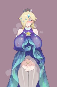 absurdres after_vaginal aftersex aqua_eyes bare_shoulders blonde_hair blonde_pubic_hair blue_dress blue_gloves blush clothes_lift covered_erect_nipples cross cross_earrings crown cum cum_in_pussy dress dress_lift earrings elbow_gloves gloves green_dress green_gloves grey_pantyhose hair_ornament hair_over_one_eye highres jewelry legs_together mario_(series) nintendo nose_blush pantyhose pussy rosalina short_hair simple_background stank star_(symbol) steaming_body sweat torn_clothes torn_pantyhose two-tone_dress two-tone_gloves