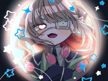 Rule 34 | 1girl, backlighting, blazer, bloom, blue jacket, blue necktie, blue ribbon, blue sailor collar, blush, chestnut mouth, collared shirt, colored inner hair, commentary request, eyepatch, fangs, flower, green eyes, grey hair, hair intakes, hair ribbon, heart, heart-shaped pupils, holding, holding flower, jacket, lapels, light smile, long hair, long sleeves, looking at viewer, makaino ririmu, medical eyepatch, monitoring (vocaloid), multicolored eyes, multicolored hair, necktie, nijisanji, notched lapels, official alternate costume, official alternate hairstyle, open clothes, open jacket, pink flower, pink hair, pink streaks, pink tulip, pointy ears, portrait, pov peephole, red eyes, ribbon, ruruni24, sailor collar, school uniform, shirt, sidelocks, sleeves past fingers, sleeves past wrists, solo, sparkle, sparkling aura, standing, star (symbol), streaked hair, symbol-shaped pupils, tulip, two-tone hair, two side up, variant set, virtual youtuber, white shirt, yellow eyes