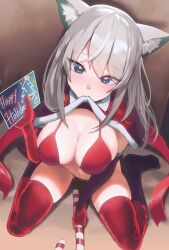 Rule 34 | 1girl, aarontsay, animal ear fluff, animal ears, bikini, biting, biting clothes, breasts, card, cat girl, cleavage, commission, elbow gloves, from above, gloves, happy holidays, highres, holding, holding card, indie virtual youtuber, kazane-wind, large breasts, looking at viewer, looking up, red bikini, red thighhighs, santa costume, second-party source, sitting, solo, swimsuit, thighhighs, virtual youtuber, white gloves, white hair