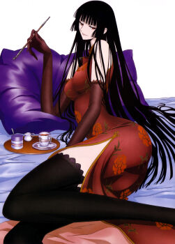 00s 1girl absurdres bed black_hair black_thighhighs blunt_bangs breasts china_dress chinese_clothes clamp dress elbow_gloves female_focus gloves highres hime_cut ichihara_yuuko kiseru long_hair official_art pillow red_eyes scan smirk smoking_pipe solo thighhighs very_long_hair xxxholic