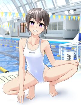 1girl absurdres barefoot black_hair breasts cameltoe clothes_writing collarbone commentary_request competition_swimsuit covered_navel grin highleg highleg_one-piece_swimsuit highres indoors looking_at_viewer one-piece_swimsuit original parted_lips pool poolside purple_eyes short_hair small_breasts smile solo spread_legs squatting string_of_flags swimsuit takafumi tiptoes toes variant_set very_short_hair white_one-piece_swimsuit