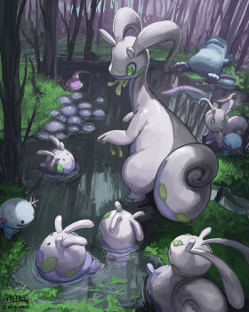 bright_pupils closed_mouth commentary dripping ekans english_commentary evolutionary_line forest gen_1_pokemon gen_2_pokemon gen_6_pokemon goodra goomy grass green_eyes highres instagram_username lying mcgmark nature nintendo no_humans on_back open_mouth outdoors pokemon pokemon_(creature) pokemon_focus quagsire signature sleeping sliggoo slime_(substance) smile tree wading water wetland white_pupils wooper