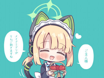 1girl ^_^ animal_ear_headphones animal_ears apple apron basket blonde_hair blue_archive blue_bow blue_bowtie blush bow bowtie cat_ear_headphones cat_ears chibi chibi_only closed_eyes dress fake_animal_ears food fruit fruit_basket green_background green_halo green_ribbon halo headphones highres holding holding_basket long_sleeves maid maid_apron maid_headdress midori_(blue_archive) midori_(maid)_(blue_archive) official_alternate_costume open_mouth ribbon short_hair smile tail takahero white_apron
