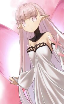1girl bare_shoulders breasts cleavage coral_(fate) detached_collar detached_sleeves dress fairy fairy_wings fate/grand_order fate_(series) highres long_hair medium_breasts open_mouth pink_eyes pink_hair pointy_ears solo white_dress wings yubeshi_(zecxl)