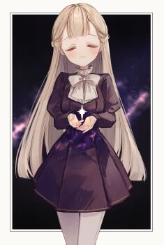 1girl absurdres black_dress blonde_hair blush bow bowtie closed_eyes commentary dress facing_viewer highres kyuumura light_smile long_hair nebula original pantyhose solo space star_(sky) symbol-only_commentary very_long_hair white_pantyhose