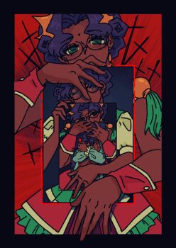 1girl bindi black_border border chapter_85_cover_(tongari_boushi_no_atelier) covered_mouth cropped_legs cross dark-skinned_female dark_skin earrings glasses green_eyes highres himemiya_anthy hiphopcherrrypop holding holding_photo infinity_mirror jewelry looking_at_viewer meme parody photo_(object) purple_hair shoujo_kakumei_utena solo tongari_boushi_no_atelier