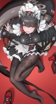 1girl absurdres arm_support artist_name black_hair black_pantyhose black_shoes breasts detexted ellen_joe feet fins fish_tail frilled_hairband frills from_above hairband high_heels highres knees_together_feet_apart large_breasts legs long_tail looking_at_viewer looking_up maid maid_headdress mole mole_under_eye mouth_hold mr_goblin nail_polish no_shoes pantyhose red_background red_eyes red_nails shark_girl shark_tail shoes sitting solo tail third-party_edit toes unworn_shoes white_headdress zenless_zone_zero