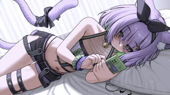 1girl animal_ear_fluff animal_ears barcode barcode_tattoo bell black_nails black_shorts bow cat_ears cat_tail character_request commentary commission copyright_request english_commentary green_eyes green_hair highres holding holding_phone lobsteranian multicolored_hair navel neck_bell phone pillow short_shorts shorts solo streaked_hair tail tail_bow tail_ornament tattoo thigh_strap zipper zipper_pull_tab