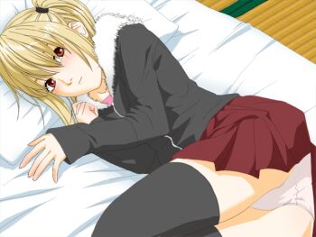 Rule 34 | 1girl, amane misa, bed, black thighhighs, blonde hair, blush, brown eyes, death note, female focus, game cg, lying, maten, on side, panties, pillow, skirt, solo, thighhighs, twintails, underwear