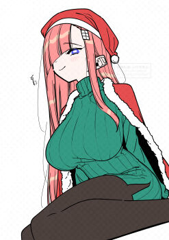 1girl absurdres black_pantyhose blunt_bangs breasts cape capelet d-chan diagonal_bangs dress fur-trimmed_capelet fur-trimmed_headwear fur_trim green_sweater hair_ornament hair_over_one_eye hairclip hat highres izuru@doto-lu large_breasts light_blush long_hair long_sleeves looking_at_viewer miniskirt original pantyhose pink_hair purple_eyes red_cape red_capelet red_hat santa_costume santa_hat signature simple_background sitting skirt smile solo sweater sweater_dress tented_shirt turtleneck turtleneck_sweater watermark white_background