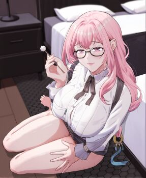 1girl black_skirt blush breasts closed_mouth doki2ochingin glasses hair_between_eyes highres large_breasts long_hair pink_eyes pink_hair shirt sidelocks skirt smile solo tsukishiro_yanagi white_shirt zenless_zone_zero