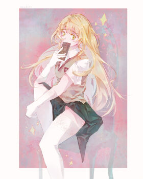 1girl absurdres black_skirt blonde_hair border brown_sweater_vest chair collared_shirt commentary controller english_commentary facing_viewer gensou_getsumen_rt gloves highres holding holding_controller holding_remote_control knee_up long_hair looking_at_viewer on_chair outside_border remote_control school_uniform shirt shokuhou_misaki short_sleeves simple_background sitting skirt solo spider_web_print summer_uniform sweater_vest thighhighs toaru_kagaku_no_railgun toaru_majutsu_no_index tokiwadai_school_uniform very_long_hair white_border white_gloves white_shirt white_thighhighs yellow_eyes