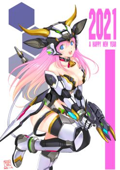 1girl 2021 animal_ear_helmet animal_ears animal_helmet armor armored_boots artist_name bare_shoulders bell blue_eyes boots breasts chinese_zodiac cleavage collar commentary_request cow_ears dated energy_gun fake_animal_ears fake_horns gauntlets gun happy_new_year helmet highres holding holding_gun holding_weapon horns judy_totoya large_breasts leg_up long_hair looking_at_viewer navel neck_bell new_year open_mouth original pink_hair smile solo standing standing_on_one_leg teeth thighs two-handed upper_teeth_only weapon year_of_the_ox