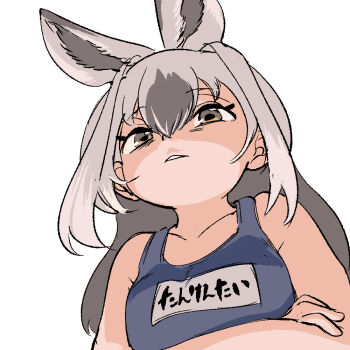 1girl animal_ears bare_shoulders breasts crossed_arms extra_ears grey_hair kemono_friends large_breasts long_hair looking_at_viewer mcgunngu rabbit_ears rabbit_girl school_swimsuit simple_background snowshoe_hare_(kemono_friends) solo swimsuit upper_body yellow_eyes