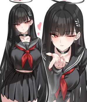 1girl absurdres alternate_costume black_choker black_serafuku black_shirt black_skirt blue_archive breasts bright_pupils chinese_commentary choker commentary english_commentary hair_ornament hairclip halo heart highres korean_commentary large_breasts leaning_forward long_hair long_sleeves looking_at_viewer mixed-language_commentary multiple_views one_eye_closed parted_lips pleated_skirt red_eyes rio_(blue_archive) school_uniform serafuku shigure_s shirt simple_background skirt smile white_background white_pupils