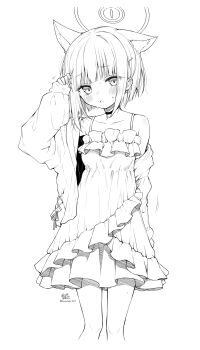 1girl alternate_costume animal_ear_fluff animal_ears anzu_ame arm_behind_back bare_shoulders blue_archive blunt_bangs blunt_ends blush bob_cut cat_ears cat_girl choker collarbone commentary_request cropped_legs dress ear_blush extra_ears feet_out_of_frame fidgeting frilled_dress frills hair_behind_ear hair_ornament hairclip halo hand_blush hand_up highres jacket jacket_partially_removed kazusa_(blue_archive) looking_at_viewer making-of_available monochrome motion_lines open_clothes open_jacket open_mouth playing_with_own_hair short_hair shy signature simple_background sleeveless sleeveless_dress solo spaghetti_strap twitter_username white_background