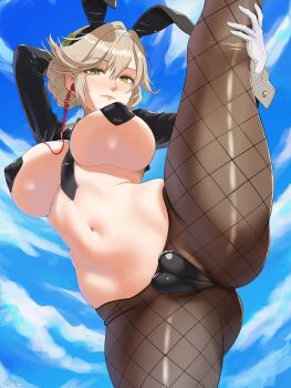 1girl absurdres ade_(nikke) animal_ears blonde_hair breasts brown_pantyhose cloud cloudy_sky fake_animal_ears goddess_of_victory:_nikke heart_maebari heart_pasties highres large_breasts light_smile looking_at_viewer maebari pantyhose pasties rabbit_ears reverse_bunnysuit reverse_outfit shrug_(clothing) sky solo split standing standing_on_one_leg standing_split ultrabinou