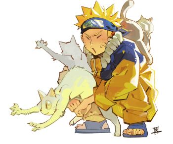 1boy animal blonde_hair cat closed_eyes commentary ebi_draw facial_mark feet forehead_protector full_body headband highres holding holding_animal holding_cat jacket jumpsuit konohagakure_symbol long_sleeves male_focus naruto_(series) open-toe_shoes open_mouth sandals short_hair simple_background solo spiked_hair squatting sweatdrop symbol-only_commentary uzumaki_naruto whisker_markings whiskers white_background white_cat x_anus
