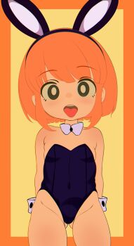 1girl alternate_costume animal_ears covered_navel cowboy_shot daughter_(yoru_mac) detached_collar fake_animal_ears flat_chest highleg leotard loli looking_at_viewer mcdonald's ojitoart open_mouth orange_hair playboy_bunny rabbit_ears short_hair solo standing tongue tongue_out two-tone_background wrist_cuffs yoru_mac