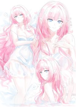 1girl blue_eyes breasts chinese_commentary cleavage commentary_request dress elf elysia_(honkai_impact) highres honkai_(series) honkai_impact_3rd jingmushanshui large_breasts long_hair musical_note nude partially_submerged pink_hair pointy_ears smile spoken_musical_note translation_request very_long_hair white_dress