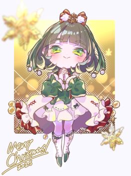 1girl 2025 absurdres blush boots closed_mouth commentary_request green_eyes green_hair green_shirt highres holy_night_tale_(love_live!) kirisaki_nuko knee_boots link!_like!_love_live! long_sleeves looking_at_viewer love_live! merry_christmas momose_ginko puffy_long_sleeves puffy_sleeves shirt skirt smile solo virtual_youtuber white_boots white_skirt yellow_background