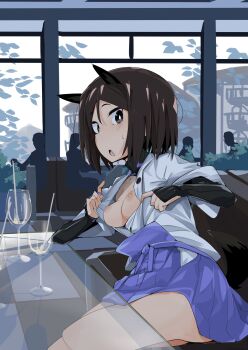 1girl absurdres animal_ears arm_guards black_hair breasts dog_ears dog_tail hakama hakama_skirt highres japanese_clothes kuroda_kunika looking_at_viewer nipples no_bra noble_witches open_mouth pegina restaurant self_exposure short_hair skirt small_breasts solo sweatdrop tail thighs world_witches_series