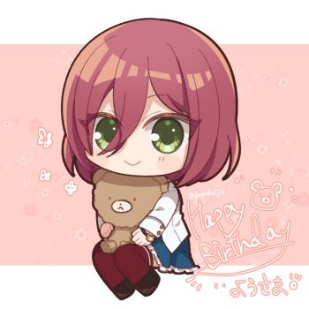 1girl :> assault_lily black_shoes blue_skirt blush character_name chibi closed_mouth commentary_request doll floral_background frilled_skirt frills green_eyes hair_between_eyes happy_birthday hatsukano_yo herensuge_girls_academy_school_uniform holding holding_doll invisible_chair jacket letterboxed long_bangs long_sleeves looking_at_viewer medium_hair miniskirt outside_border pink_background ponokaijo red_hair red_shirt school_uniform shirt shoes sitting skirt solo stuffed_animal stuffed_toy teddy_bear twitter_username white_jacket wristband