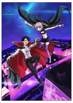 absurdres bare_arms black_hair braid cape city_lights cleavage_cutout clothing_cutout fangs highres nanakusa_nazuna_(yofukashi_no_uta) navel night night_sky pink_hair reiquant short_hair shorts sky twin_braids vampire vampire_costume yamori_kou yofukashi_no_uta