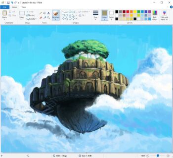 above_clouds art_program_in_frame blue_sky christian_young cloud cloudy_sky day defensive_wall floating_castle from_below microsoft_paint_(medium) microsoft_paint_(software) no_humans outdoors painterly scenery science_fiction sky tenkuu_no_shiro_laputa tree