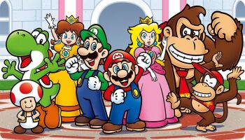 2girls 5boys ape blonde_hair blue_eyes brown_hair castle crown day diddy_kong dinosaur donkey_kong dress earrings facial_hair flower_earrings gloves grin hat jewelry long_hair looking_at_viewer luigi mario mario_(series) multiple_boys multiple_girls mustache nintendo orange_dress overalls pink_dress princess_daisy princess_peach puffy_short_sleeves puffy_sleeves short_sleeves smile standing super_nintendo_world toad_(mario) waving window yoshi