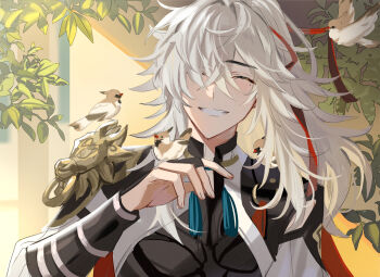 1boy animal animal_on_shoulder armor bird bird_on_hand bird_on_shoulder black_gloves black_shirt blush closed_eyes commentary gloves hair_over_one_eye hand_up high_ponytail highres honkai:_star_rail honkai_(series) jacket jing_yuan male_focus miz_(mi) mole mole_under_eye outdoors partially_fingerless_gloves ponytail shirt shoulder_armor smile solo sparrow tassel tree white_hair white_jacket