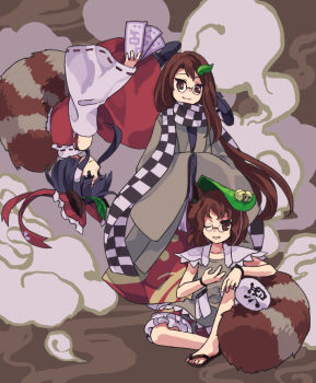 3girls animal_ears bell black_eyes black_hair brown_eyes brown_hair brown_kimono brown_shirt checkered_clothes checkered_scarf closed_mouth commentary_request detached_sleeves flat_chest frilled_ribbon frills futatsuiwa_mamizou futatsuiwa_mamizou_(human) glasses hair_ribbon hair_tubes hakurei_reimu highres japanese_clothes kaigen_1025 kimono leaf leaf_hat leaf_on_head long_hair long_sleeves multiple_girls multiple_persona one_eye_closed open_mouth raccoon_ears raccoon_girl raccoon_tail red_ribbon red_skirt red_vest ribbon ribbon-trimmed_sleeves ribbon-trimmed_vest ribbon_trim round_eyewear sandals scarf shirt short_hair sitting skirt sleeveless sleeveless_shirt smile tail touhou vest white_shirt white_sleeves wide_sleeves