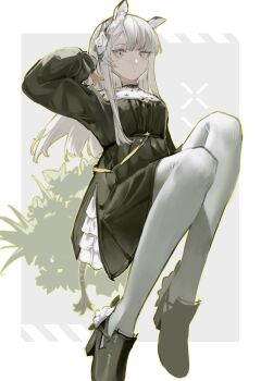 1girl animal_ears arknights black_dress black_shoes commentary_request dress flower grey_hair hair_flower hair_ornament hairband harume_neko heavyrain_(arknights) heavyrain_(tranquil_moss)_(arknights) high_heels highres long_hair looking_at_viewer official_alternate_costume panties purple_eyes rose shoes solo striped_clothes striped_hairband underwear white_flower white_panties white_rose zebra_ears zebra_girl zebra_tail