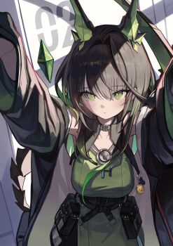 1girl absurdres ahoge arknights arms_up bare_shoulders belt_pouch black_collar black_hair black_jacket blush breasts closed_mouth collar collarbone colored_inner_hair commentary crystal_horns crystal_tail detached_collar dress emoji green_dress green_eyes green_hair green_streaks hair_between_eyes highres huge_ahoge jacket large_breasts long_hair long_sleeves looking_at_viewer mon3tr_(arknights) multicolored_hair off_shoulder open_clothes open_jacket pouch reaching reaching_towards_viewer seorang sidelighting sidelocks solo stethoscope stethoscope_around_neck streaked_hair tail underbust upper_body