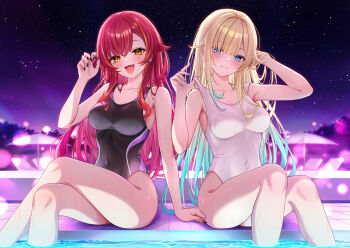 2girls :3 absurdres aizawa_ema alternate_costume armpit_crease bare_shoulders black_nails blonde_hair blue_eyes blue_nails collarbone competition_swimsuit covered_navel crossed_legs curled_fingers fang gradient_hair highres long_hair looking_at_viewer multicolored_hair multiple_girls nekota_tsuna night one-piece_swimsuit open_mouth orange_eyes parted_bangs partially_submerged pool red_hair sasamisable sitting swimsuit virtual_youtuber vspo!