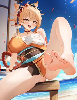 1girl areola_slip arm_tattoo bandages bare_legs barefoot beach bench black_socks blonde_hair blue_sky blush breasts butterfly_choker chest_sarashi chest_tattoo choker day feet fish_tattoo foot_focus genshin_impact hadanugi_dousa hair_between_eyes hair_ornament hair_up highres japanese_clothes kimono knee_up large_breasts long_hair looking_at_viewer nail_polish obi ocean on_bench open_kimono open_mouth orange_eyes orange_hair orange_kimono orange_nails outdoors pendant_choker ponytail presenting_foot radoremo red_choker rope sarashi sash shimenawa single_bare_shoulder sky smile socks soles solo tattoo toenail_polish toenails toes vision_(genshin_impact) water wooden_bench yellow_eyes yoimiya_(genshin_impact)