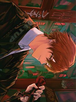 Rule 34 | 1boy, black necktie, commentary request, earrings, ewo 1, highres, holding, holding microphone, jewelry, looking to the side, microphone, necktie, orange hair, project sekai, shinonome akito, shirt, smile, solo, solo focus, teeth, white shirt