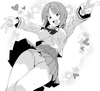 1girl :d breasts commentary_request double_v girls_und_panzer greyscale heart henyaan_(oreizm) highres long_sleeves looking_at_viewer medium_breasts monochrome nishizumi_miho ooarai_school_uniform open_mouth panties pantyshot pleated_skirt school_uniform skirt smile solo sweat teeth thighs underwear upper_teeth_only v white_background