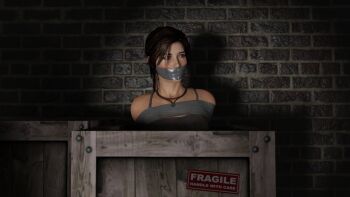 1girl 3d bdsm bondage bound box breasts brown_eyes brown_hair gag gagged highres improvised_gag jewelry lara_croft necklace rindekeu tape tape_bondage tape_gag tomb_raider