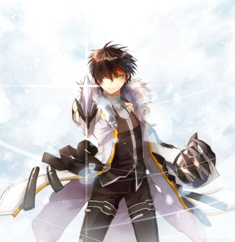 aiming aiming_at_viewer black_hair black_shirt blade_master_(elsword) blouse cloak cowboy_shot elsword foreshortening hair_between_eyes highres legs_apart looking_at_viewer male_focus malmaron mechanical_arms pointing_melee_weapon raven_cronwell scar serious shine shirt single_mechanical_arm sleeveless sleeveless_shirt solo sparkle standing sword tagme v-shaped_eyebrows weapon yellow_eyes