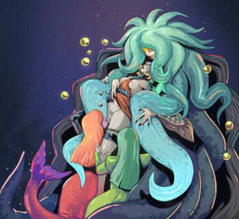 4girls aqua_hair asymmetrical_arms blonde_hair breasts cunnilingus female_pubic_hair gangbang glowing_arm greco-roman_clothes green_hair group_sex hades_(series) hades_2 highres jetty_(hades) lepaondu melinoe_(hades) mermaid monster_girl multiple_girls nipples oral orange_hair pubic_hair roxy_(hades) saliva saliva_trail scylla scylla_(hades) tentacle_hair tentacles yuri