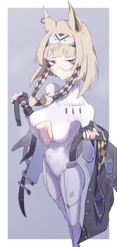 1girl absurdres animal_ears anubis_(mythology) blunt_bangs bodysuit breasts breasts_apart cape cleavage_cutout clothing_cutout collarbone cutout_above_navel fingerless_gloves glasses gloves grey_hair hair_tubes hairband hands_up highres looking_at_viewer medium_breasts meredith_(strinova) navel purple_eyes short_hair sidelocks simple_background solo standing strinova t-hou triangular_eyewear turtleneck
