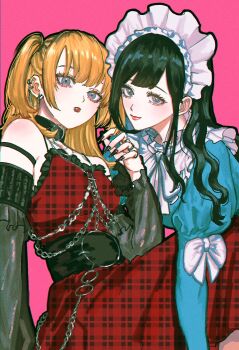 2girls bare_shoulders black_hair black_nails black_sleeves blonde_hair blue_dress blue_eyes breasts closed_mouth detached_sleeves dress earrings fingernails grey_eyes half_updo highres jewelry juliet_sleeves lolita_fashion long_fingernails long_hair long_sleeves maid_headdress medium_breasts misejyuk multiple_earrings multiple_girls multiple_rings nail_polish neck_ribbon original parted_lips pink_background plaid_clothes plaid_dress puffy_sleeves red_dress ribbon ring straight_hair twintails upper_body wavy_hair white_ribbon