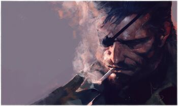 Rule 34 | 1boy, absurdres, beard, border, brown hair, cigarette, close-up, closed eyes, closed mouth, commentary, eyepatch, facial hair, faux traditional media, green jacket, grey background, highres, jacket, male focus, mature male, metal gear (series), metal gear solid v: the phantom pain, military uniform, mouth hold, multiple scars, realistic, scar, scar on face, short hair, signature, simple background, smoking, solo, upper body, venom snake, white border, whitehogiii
