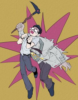black_hair brown_pants crying dead_by_daylight dwight_fairfield extra_digits fingernails full_body glasses holding holding_weapon hood hood_up long_fingernails long_sleeves monster pants rokkoron sharp_teeth teeth the_blight_(dead_by_daylight) weapon