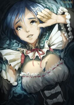 1girl blue_eyes blue_hair breasts commentary crying crying_with_eyes_open dress english_commentary hair_ornament highres kuno_(runkunochan) looking_at_viewer maid maid_headdress medium_breasts pink_ribbon re:zero_kara_hajimeru_isekai_seikatsu rem_(re:zero) ribbon ribbon_trim roswaal_mansion_maid_uniform short_hair signature solo_focus tearing_up tears