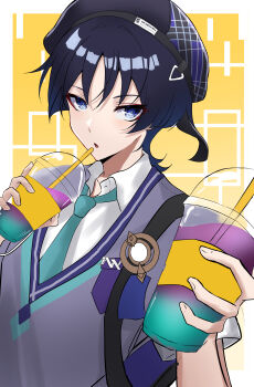 1boy absurdres aqua_necktie aqua_trim backpack bag beret black_hair black_hat blunt_ends border collared_shirt contemporary cup disposable_cup drinking_straw dutch_angle eyelashes eyeliner eyeshadow fingernails gem genshin_impact grey_sweater_vest grey_vest hands_up hat highres holding holding_cup incoming_drink looking_at_viewer makeup male_focus necktie official_alternate_costume open_mouth portrait purple_bag purple_eyes purple_pupils purple_trim red_eyeliner red_eyeshadow renkon_25251020 scaramouche_(genshin_impact) school_uniform shirt solo sweater_vest tsurime undershirt vest vision_(genshin_impact) wanderer_(genshin_impact) wanderer_(mega_mgc_coffee)_(genshin_impact) white_border white_gemstone white_shirt wispy_bangs yellow_background