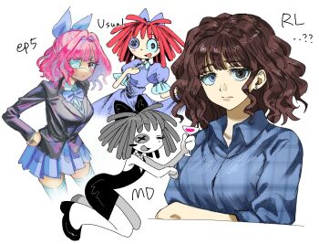 ... 4girls :d ? ?? alcohol bare_arms bare_shoulders black_bow black_eyes black_jacket black_shoes blazer blue_bow blue_bowtie blue_eyes blue_shirt blue_skirt blue_sweater blush_stickers bow bowtie breasts brown_hair buttons closed_eyes closed_mouth collared_dress collared_shirt commentary cropped_legs cropped_torso cup dress drinking_glass earrings eyepatch frilled_sleeves frills frown full_body grey_eyes groin hair_bow hair_intakes hand_on_own_chest heterochromia highres holding holding_cup jacket jewelry kneeling layered_sleeves leaning_forward medical_eyepatch medium_breasts medium_hair miniskirt multiple_girls multiple_persona official_alternate_costume one_eye_covered open_mouth pencil_dress pink_eyes pink_hair plaid_clothes plaid_shirt pleated_skirt puffy_short_sleeves puffy_sleeves purple_bow purple_dress ragatha_(the_amazing_digital_circus) red_hair red_wine school_uniform shirt shoes short_dress short_sleeves simple_background single_blush_sticker skirt smile stud_earrings sweatdrop sweater swept_bangs symbol-only_commentary the_amazing_digital_circus thighhighs v-shaped_eyebrows wavy_hair white_background white_shirt white_thighhighs wine wine_glass wktmqtj zettai_ryouiki